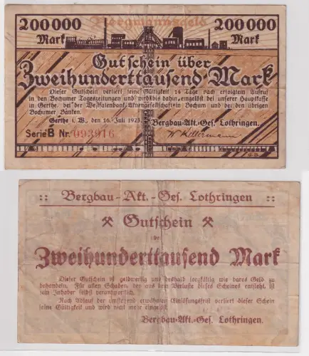 200000 Mark Banknote Gerthe Bergbau Aktiengesellschaft Lothringen 1923 (171306)