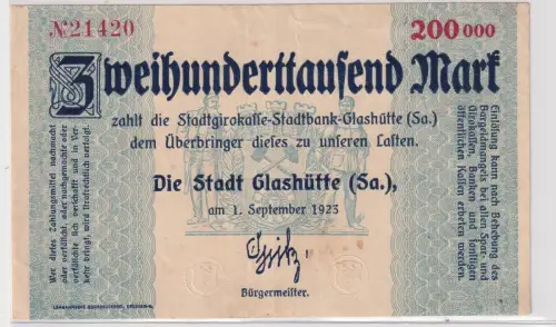 Banknote Inflation Stadt Glashütte 200000 Mark 1.9.1923 (171392)