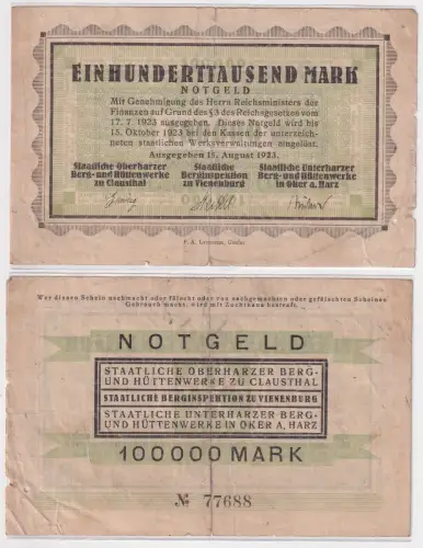 100000 Mark Banknote Inflation Bergwerke Clausthal 15.8.1923 (171265)