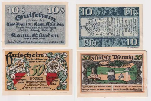 2 seltene Banknoten Notgeld Hann. Münden 1921 (169135)