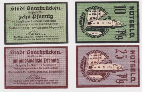 10 & 25 Pfennig Banknoten Notgeld Stadt Saarbrücken 1919 (168894)