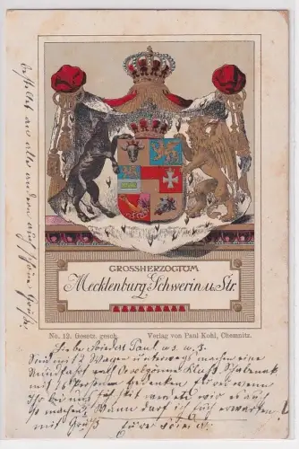 04241 Wappen Ak Lithographie Grossherzogtum Mecklenburg Schwerin u. Str. 1901