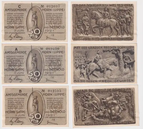 3 Banknoten Notgeld Amtsgemeinde Horn Lippe 1921 (169111)