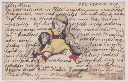 64713 Kinder Ak Schlaf in guter Ruh - kleines Mädchen mit Hunden 1904