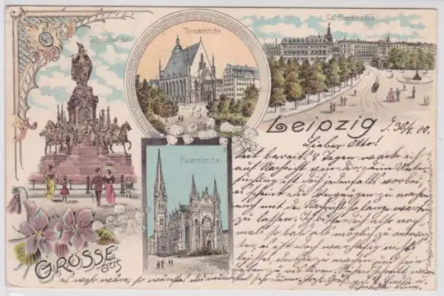 36814 Ak Lithographie Gruß aus Leipzig Peterskirche, Schillerstraße 1906