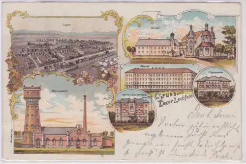 23064 Ak Lithographie Gruß aus Lager Lechfeld Wasserwerk, Kaserne usw. 1898