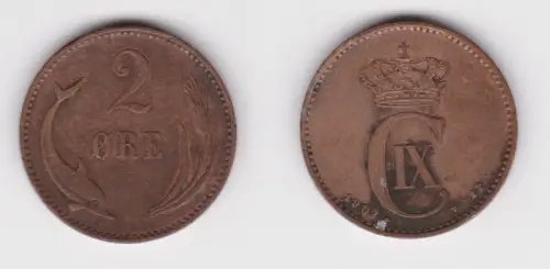 2 Öre Kupfer Münze Dänemark 1902 Delphin ss (156996)