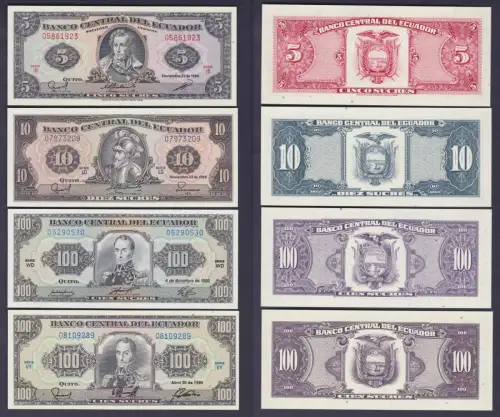 5, 10 und  2x 100 Sucres Banknoten Ecuador 1988-1992 bankfrisch UNC (117358)