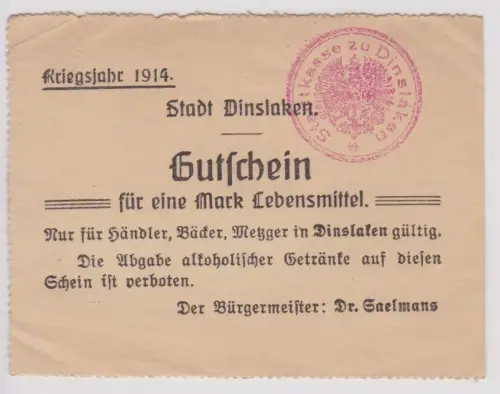 1 Mark Banknote Notgeld Stadt Dinslaken Kriegsjahr 1914 (159583)