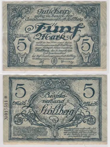 5 Mark Banknoten Notgeld Amtshauptmannschaft Stollberg 15.November 1918 (156461)