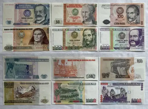 6x Banknoten Peru 10 - 5000 Intis  bankfrisch UNC (162192)