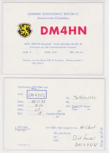 42197 QSL Karte Amateur Funker DDR Auerbach mit Stadtwappen 1976