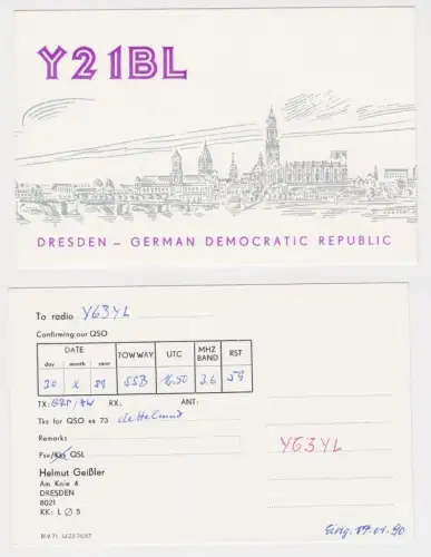 53856 QSL Karte Amateur Funker DDR Dresden Stadtansicht 1989