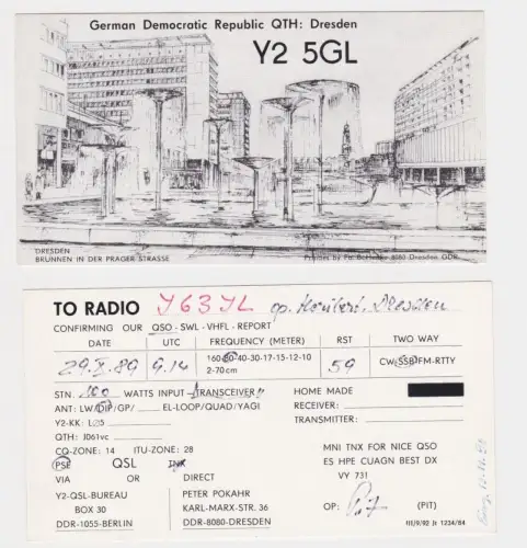 78350 QSL Karte Amateur Funker DDR Dresden Brunnen in der Prager Strasse 1989