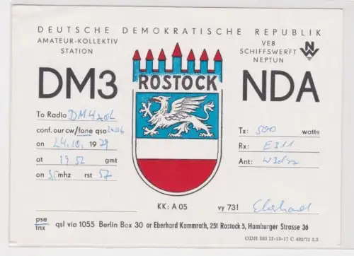 89668 QSL Karte Funker Funkamateur DDR Rostock VEB Schiffswerft Neptun 1979