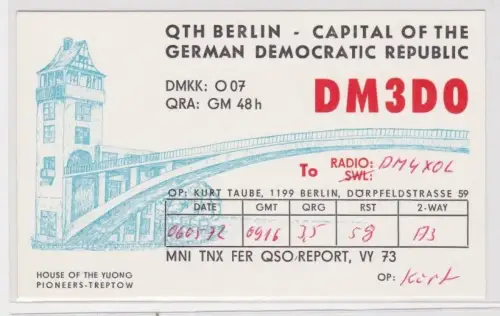 76068 QSL Karte Amateur Funker DDR Haus der jungen Pioniere Berlin Treptow 1972