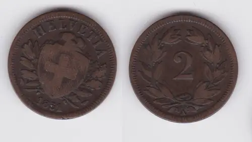 2 Rappen Kupfer Münze Schweiz 1851 A s/ss (162357)