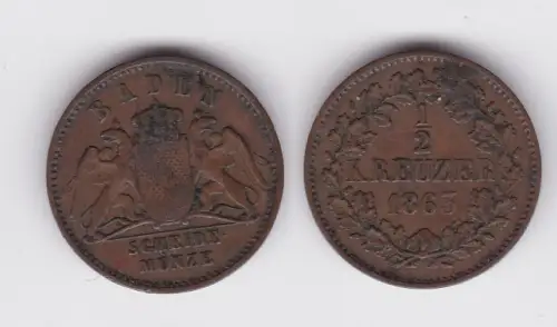 1/2 Kreuzer Kupfer Münze Baden 1863 ss (162007)
