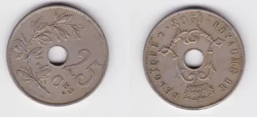 25 Centimes Kupfer Nickel Münze Belgien 1908 ss+ (162978)