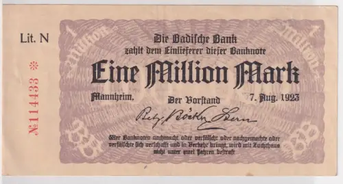 1 Million Mark Banknote Inflation Mannheim 07.08.1923 (145880)