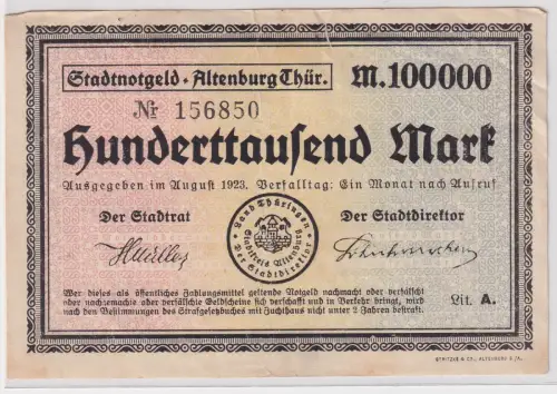 Banknote Inflation 100000 Mark Stadt Altenburg August 1923 (147274)