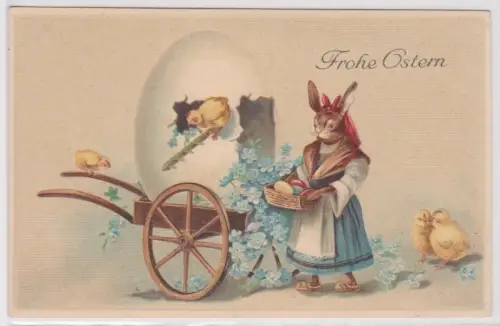 93001 Präge AK Fröhliche Ostern Häsin mit Handwagen und Riesenosterei 1914