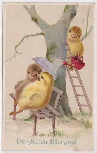 44972 Präge AK Fröhliche Ostern Küken mit Gießkanne ärgert Liebespaar 1918