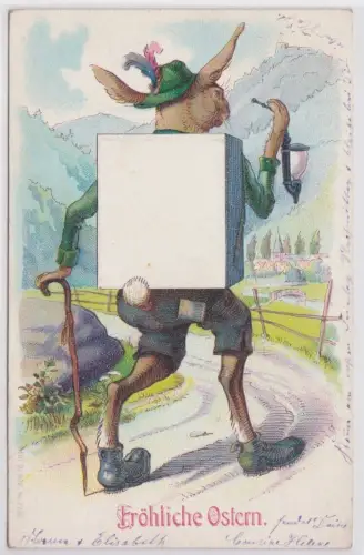 77273 Präge AK Fröhliche Ostern Osterhase wandert mit Hut, Pfeife und Stock 1906