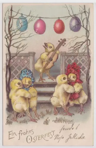 38658 Präge AK Fröhliche Ostern Küken mit Geige spielt zum Tanz auf 1902