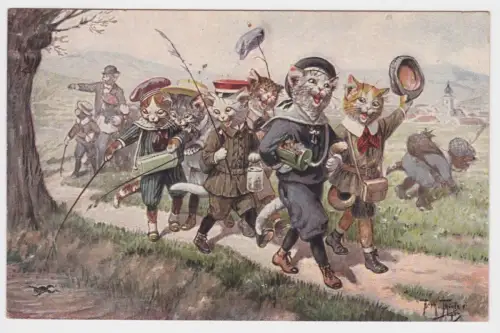 84195 Arthur Thiele Künstler Ak Katze Schulausflug "Hinaus in die Ferne" 1922