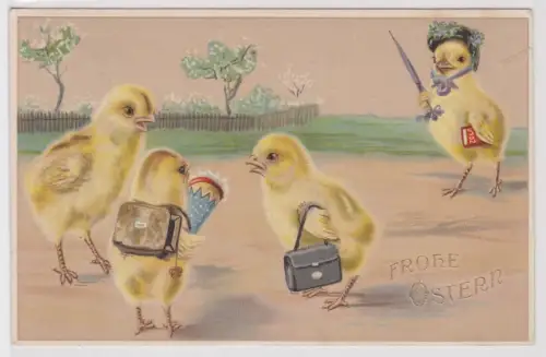 44477 AK Fröhliche Ostern 3 Küken auf dem Schulweg mit Lehrerin 1929