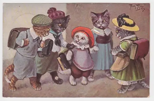 89802 Arthur Thiele Künstler Ak Katzen mit Ranzen 1925