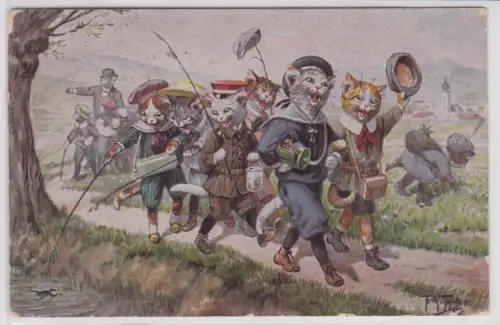 45085 Arthur Thiele Künstler Ak Katze Schulausflug "Hinaus in die Ferne" 1922