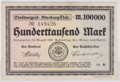 Banknote Inflation 100000 Mark Stadt Altenburg in Thüringen 1923 (157678)