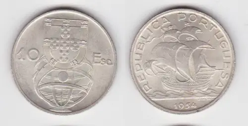 10 Escudos Silber Münze Portugal Segelschiff 1954 f.Stgl. KM 586 (141365)