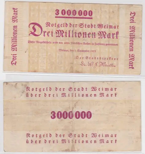 3 Millionen Mark Banknote Notgeld der Stadt Weimar 1.September 1923 (156020)