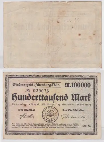 100000 Mark Banknote Inflation Stadt Altenburg August 1923 (157903)