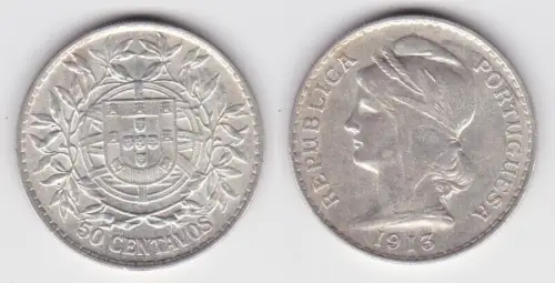 50 Centavos Silber Münze Portugal 1913 vz KM 561 (142841)