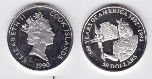 50 Dollar Silbermünze Cook Inseln 500 Jahre Amerika Capac Inkaherrscher (118031)