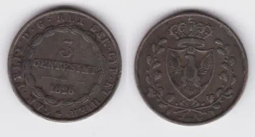 3 Centimes Kupfer Münze Italien Regno Sardinien 1826 ss+ (142522)