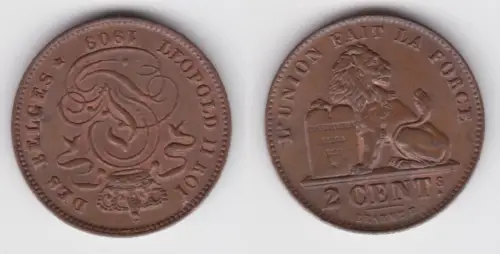 2 Centimes Kupfer Münze Belgien 1909 vz (142965)