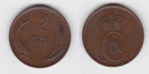 2 Öre Kupfer Münze Dänemark 1902 Delphin ss+ (142896)
