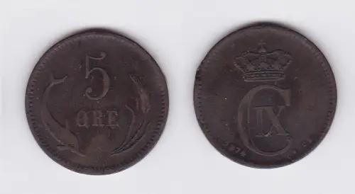 5 Öre Kupfer Münze Dänemark Delphin 1874 (117243)