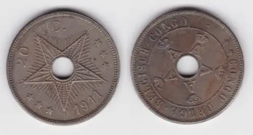 20 Centimes Kupfer/Nickel Münze Belgisch Kongo Congo 1911 f.vz (143047)