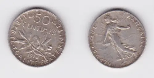 50 Centimes Silber Münze Frankreich 1918 ss+ (134302)
