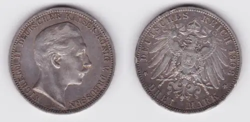 3 Mark Silbermünze Preussen Kaiser Wilhelm II 1908 A Jäger 103 ss (130660)