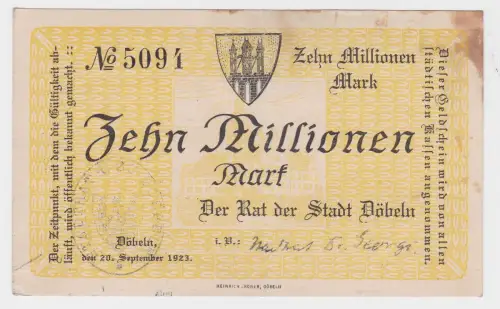 10 Millionen Mark Banknote Stadt Döbeln 20.September 1923 (115955)
