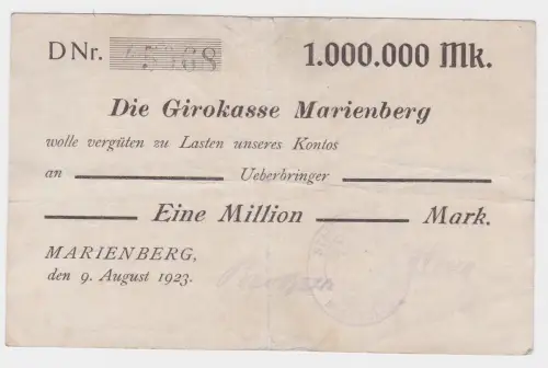 1 Million Mark Banknote Girokasse Marienberg 9.August 1923 (119365)