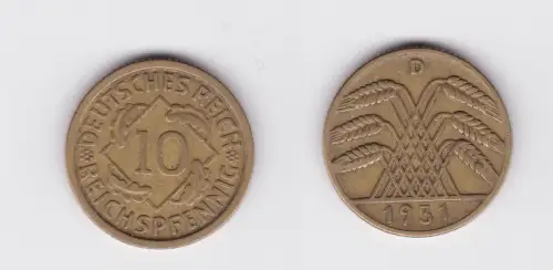 10 Reichspfennig Messing Münze Deutsches Reich 1931 D, Jäger 317 (120054)