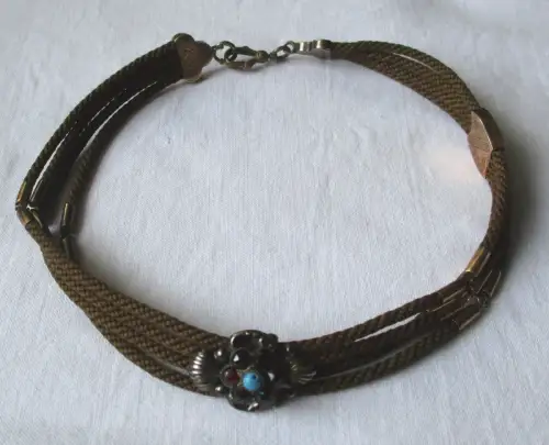 antike Taschenuhrkette Biedermeier Echthaar Granatschmuck vergoldet (101093)